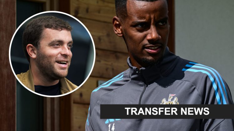 Inset, Italian sports journalist Fabrizio Romano speaking. Alexander Isak in pre-season training with Newcastle United.
