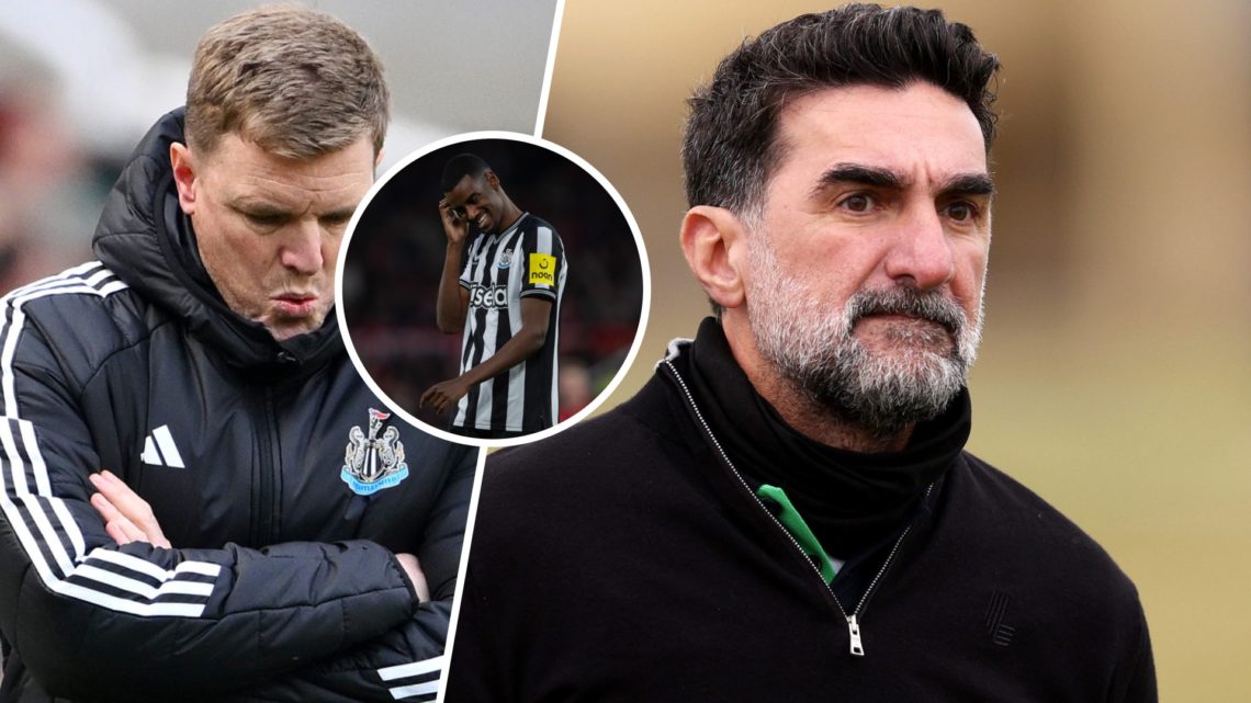 Newcastle United manager Eddie Howe looks dejected. Yasir Al-Rumayyan is seen at a golf event in Scotland. Inset, Alexander Isak looks dejected.