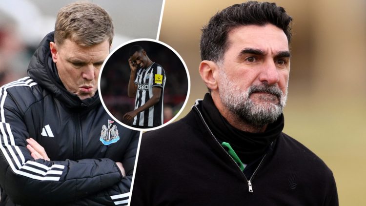 Newcastle United manager Eddie Howe looks dejected. Yasir Al-Rumayyan is seen at a golf event in Scotland. Inset, Alexander Isak looks dejected.
