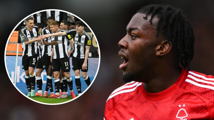 Close up image of Anthony Elanga in action for Nottingham Forest. Inset: Newcastle United players celebrate a goal.