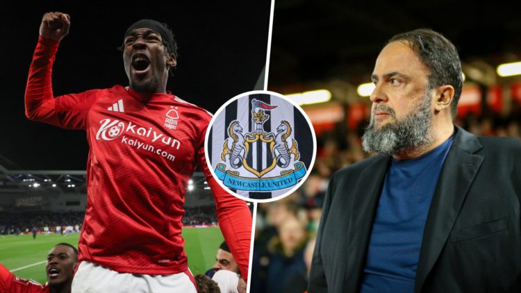 Anthony Elanga of Nottingham Forest jumps onto the LED boards as he celebrates his sides victory. Nottingham Forest owner Evangelos Marinakis walks...