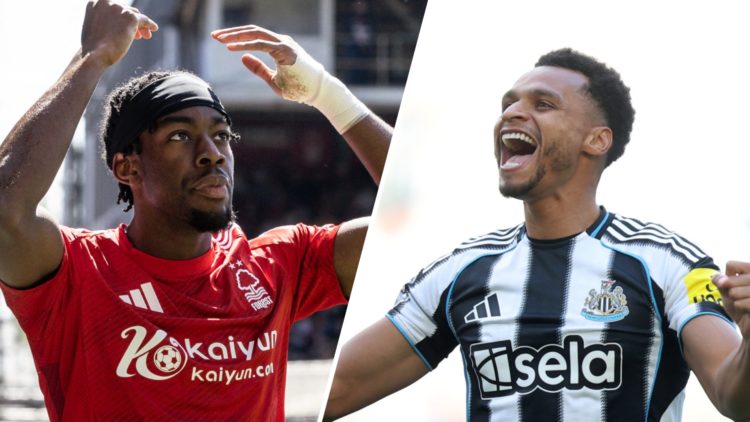 Splti image: Anthony Elanga celebrates during a Nottingham Forest game (L). Jacob Murphy cheers in front of Newcastle fans (R).