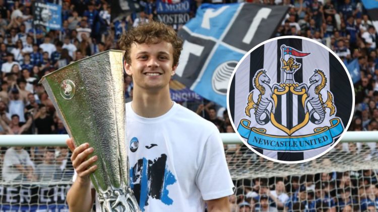 Giorgio Scalvini holds the Europa League trophy, Newcastle United badge on a flag