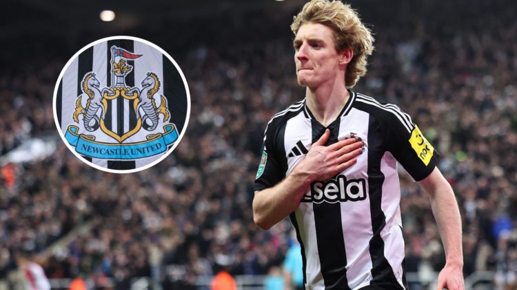 Anthony Gordon of Newcastle United celebrates after scoring a goal to make it 2-0 during the Carabao Cup Semi Final Second Leg match between Newcas...