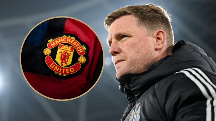 Close up image of Newcastle United manager Eddie Howe. Inset: Manchester United crest on a shirt.