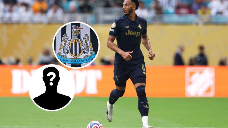 Lloyd Kelly during a Club World Cup game between Real Madrid and Juventus. Inset: the Newcastle United badge and a mystery player.