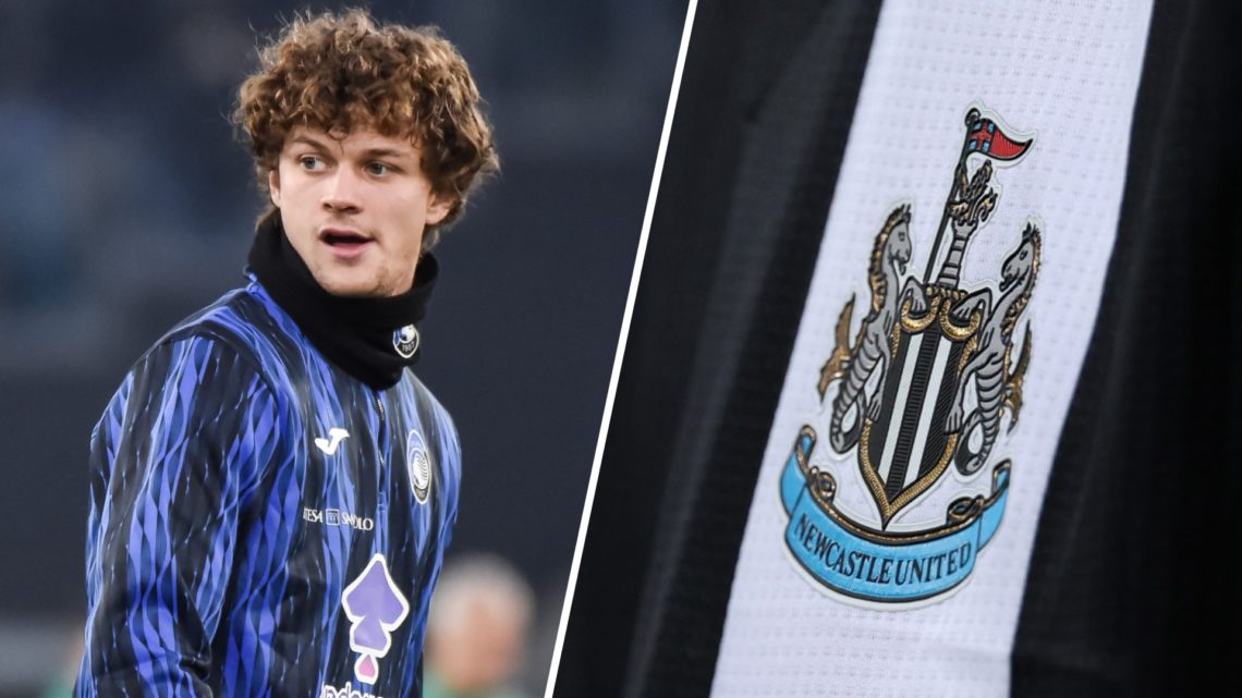 Giorgio Scalvini of Atalanta BC looks on during warm-ups before the Serie A match between SS Lazio and Atalanta. The badge of Newcastle United is s...