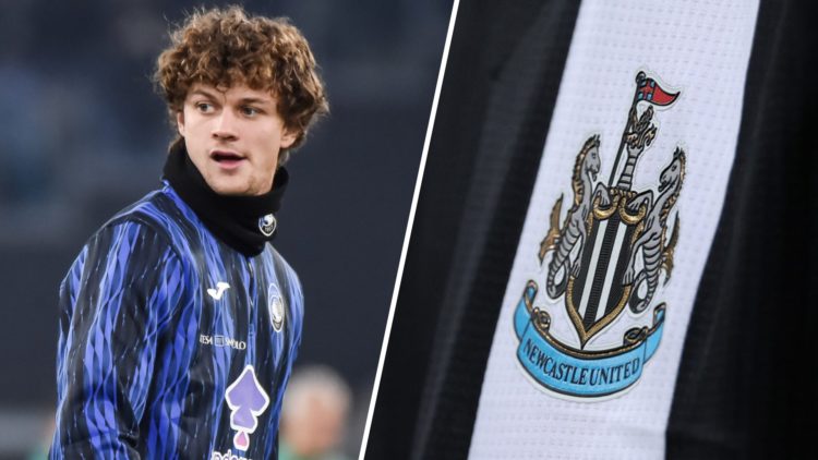Giorgio Scalvini of Atalanta BC looks on during warm-ups before the Serie A match between SS Lazio and Atalanta. The badge of Newcastle United is s...