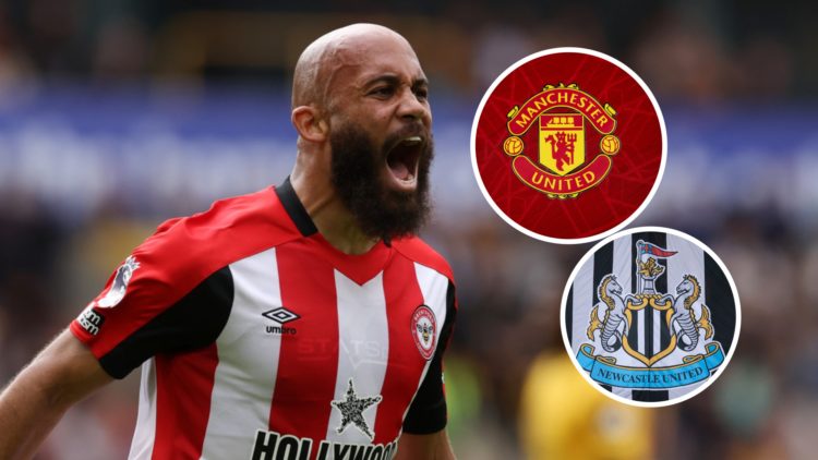 Bryan Mbeumo celebrates scoring his team's first goal during the Premier League match between Wolverhampton Wanderers FC and Brentford FC. Inset: t...