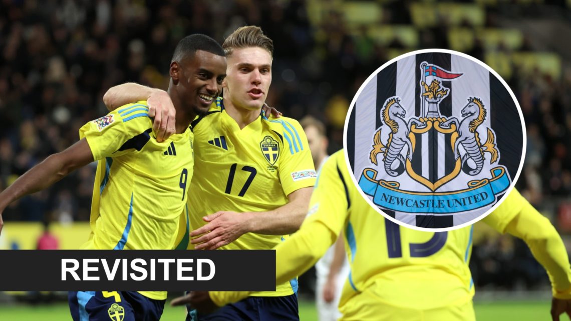 Alexander Isak and Viktor Gyokeres celebrate together playing for Sweden, Newcastle United badge