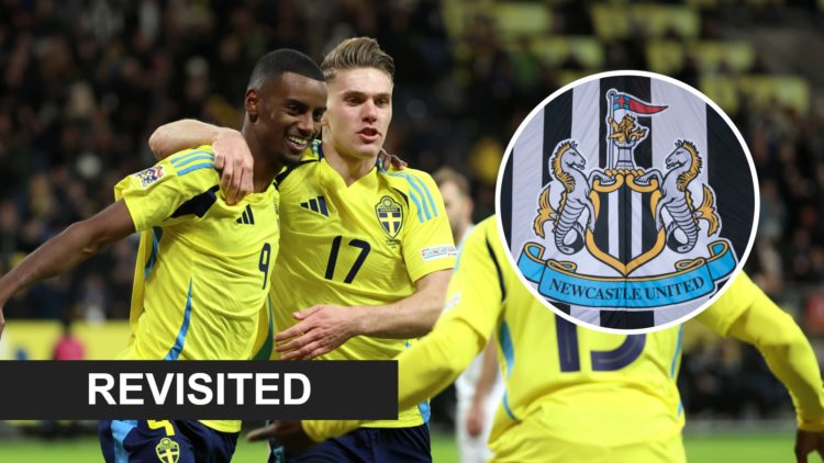 Alexander Isak and Viktor Gyokeres celebrate together playing for Sweden, Newcastle United badge