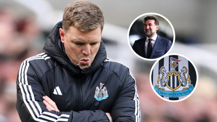Eddie Howe reacts during the Premier League match between Newcastle United FC and Ipswich Town FC. Inset: Newcastle United chairman Yasir Al-Rumayy...