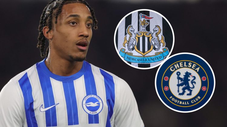 Joao Pedro playing for Brighton, Newcastle United badge on a flag, Chelsea badge