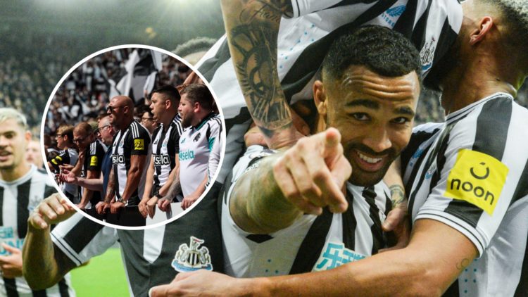 Callum Wilson celebrates scoring for Newcastle United, Newcastle United fans watching their team play