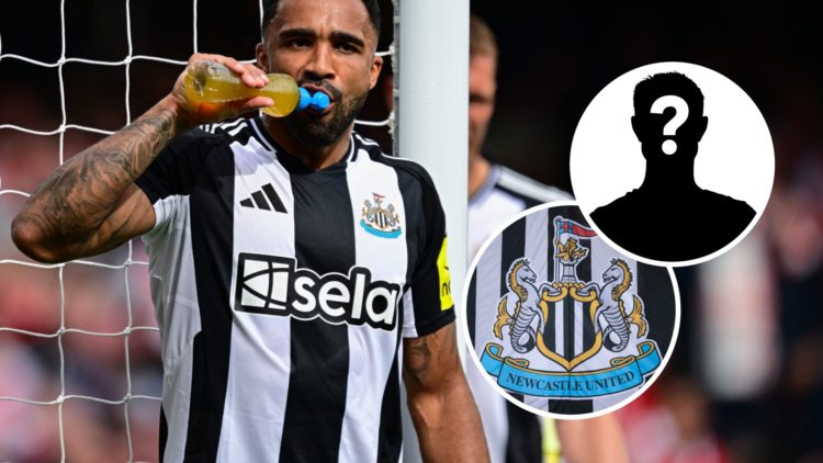 Callum Wilson takes a drink during the Premier League match between Arsenal FC and Newcastle United FC. Inset: the Newcastle United badge on a flag...