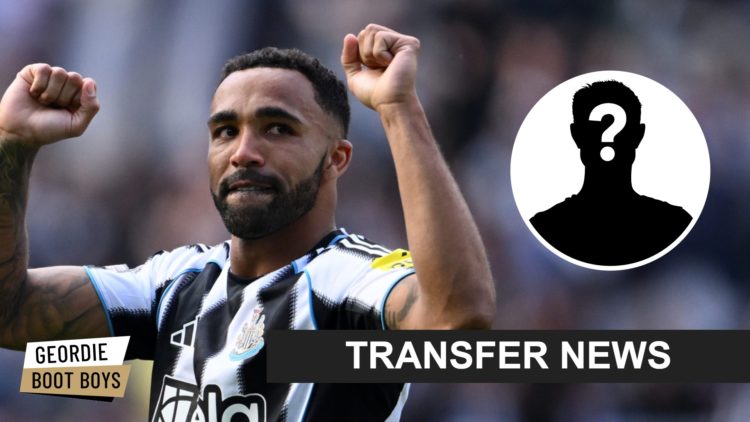 Callum Wilson holds his arms up to the Newcastle United fans, mystery player