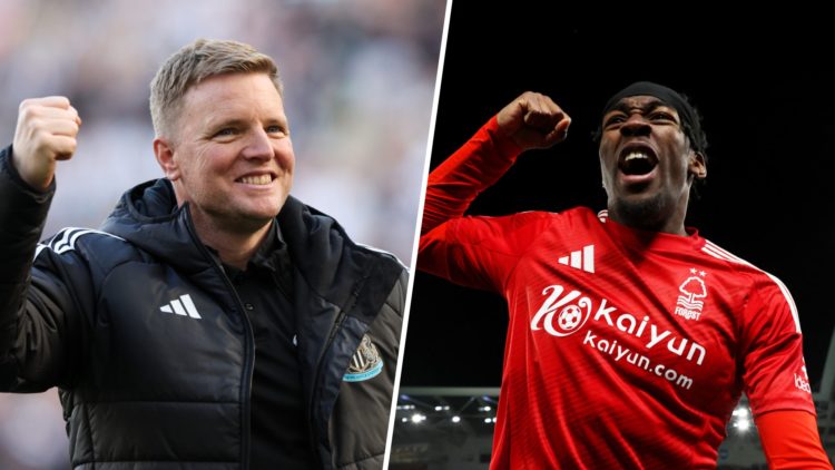 Newcastle United manager Eddie Howe raises his fist in the air and smiles after qualifying for the Champions League. Anthony Elanga celebrates Nott...