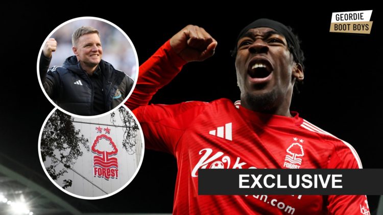 Anthony Elanga celebrates, Newcastle United manager Eddie Howe celebrates, Nottingham Forest badge at the City Ground