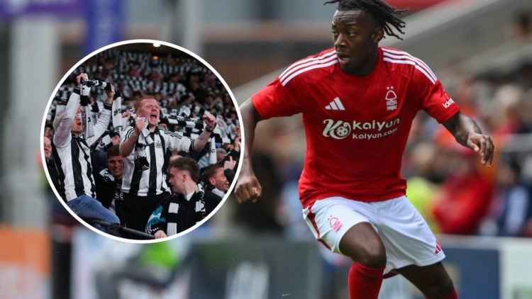 Anthony Elanga during a pre-season game between Chesterfield and Nottingham Forest. Inset: Newcastle United fans at Wembley Stadium.