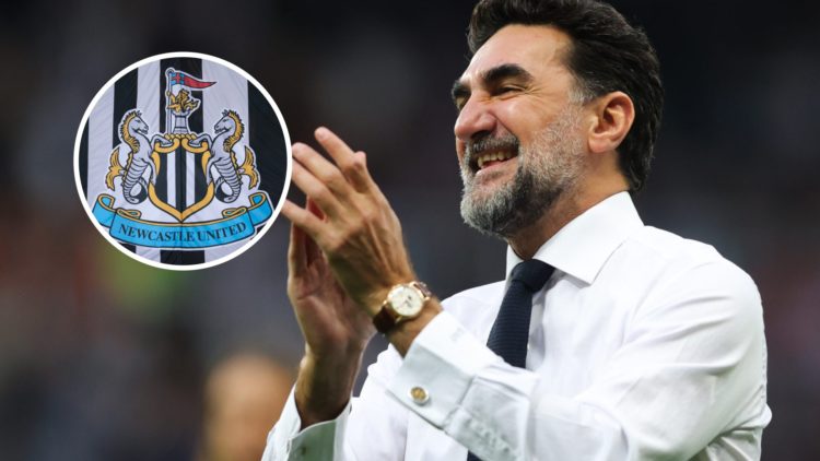 Yasir Al-Rumayyan applauds the Newcastle United fans. Inset: The Newcastle United badge.