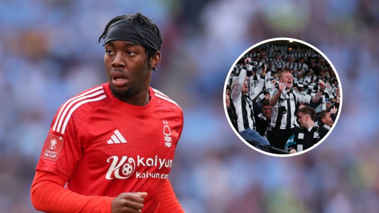 Anthony Elanga playing at Wembley for Nottingham Forest, Newcastle United fans celebrate at Wembley
