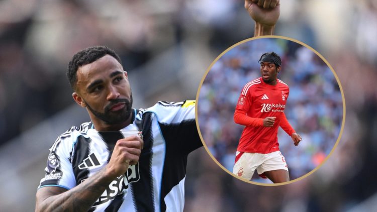 Callum Wilson holds the Newcastle United badge and raises his fist at St. James' Park. Inset: Anthony Elanga in action for Nottingham Forest.