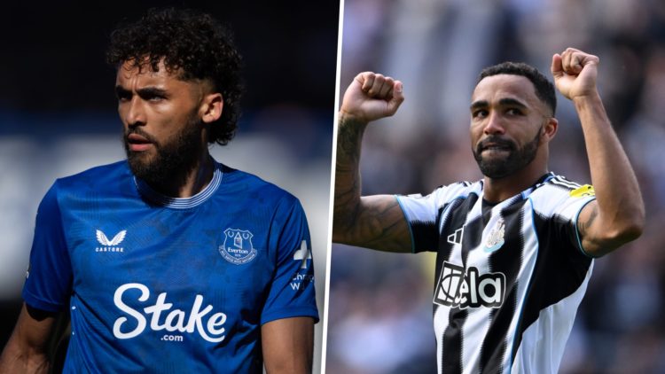 Dominic Calvert-Lewin pictured playing for Everton. Callum Wilson raises his arms to celebrate towards Newcastle United fans.