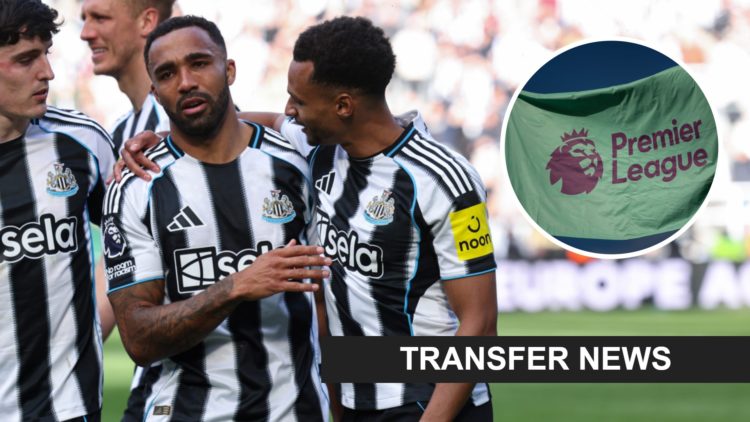 Callum Wilson is consoled by Jacob Murphy after his last Newcastle United appearance, Premier League logo on a flag