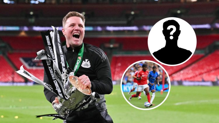 Eddie Howe celebrates with the League Cup trophy after winning the English League Cup final football match between Liverpool and Newcastle United. ...