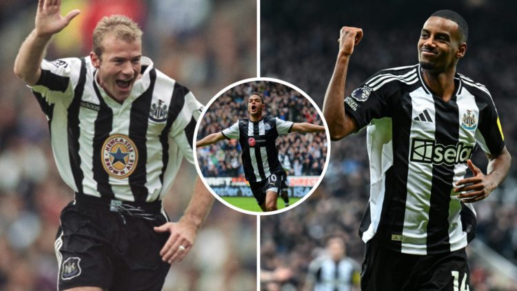 Split image: Alan Shearer lifts his arm in celebration while playing for Newcastle United (L). Alexander Isak celebrates a goal (R). Inset: Hatem B...