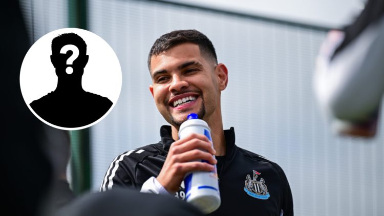 Inset, mystery person graphic. Bruno Guimaraes smiles while holding a drinks bottle in Newcastle United training.