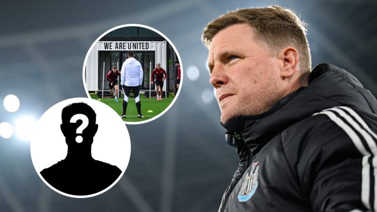 Eddie Howe looks on during the Premier League match between West Ham United FC and Newcastle United FC. Inset: Newcastle United players training at...