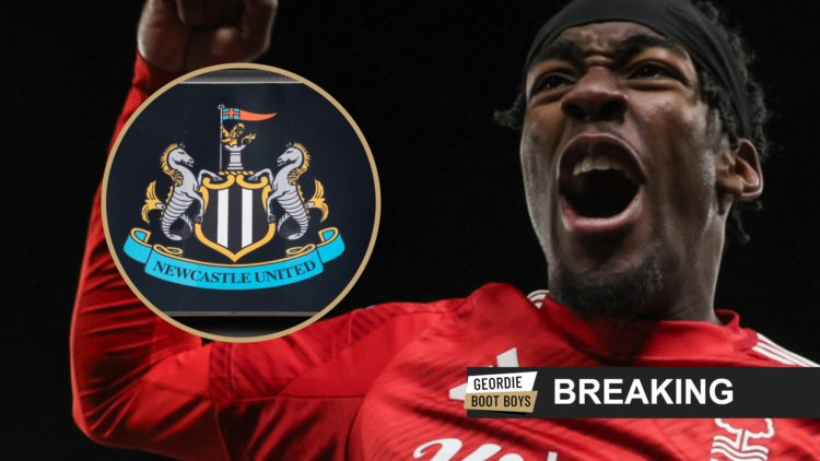 Close up image of Anthony Elanga cheering in celebration. Insets: Newcastle United badge, the word 'breaking' and the Geordie Boot Boys logo.
