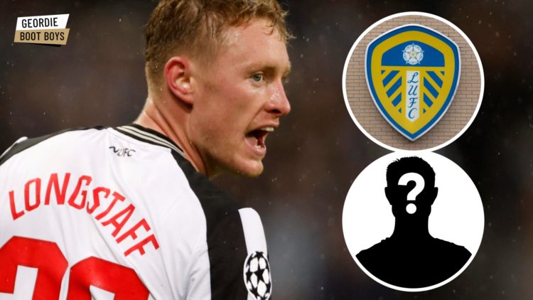 Sean Longstaff playing in the Champions League for Newcastle United, Leeds United badge at Elland Road, mystery player