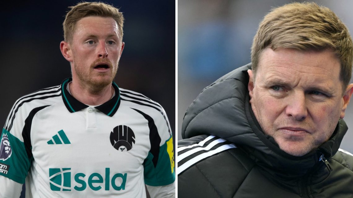 Eddie Howe looks on during a Newcastle United game. Sean Longstaff in action for Newcastle United.