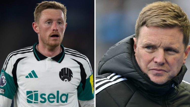 Eddie Howe looks on during a Newcastle United game. Sean Longstaff in action for Newcastle United.
