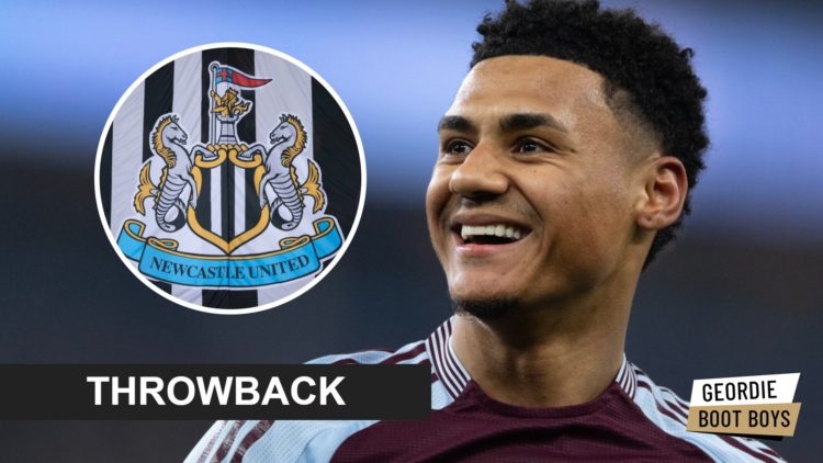 Ollie Watkins celebrates scoring for Aston Villa, Newcastle United badge on a flag
