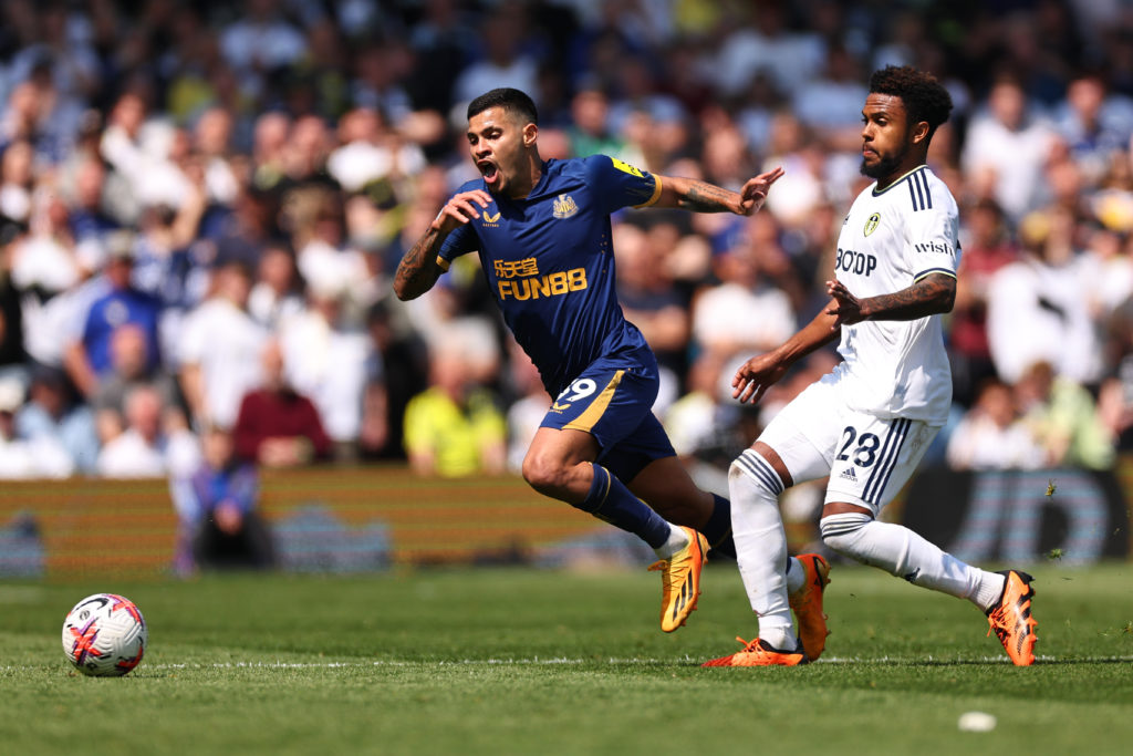 Bruno Guimaraes is challenged for the ball during Leeds United vs Newcastle United.