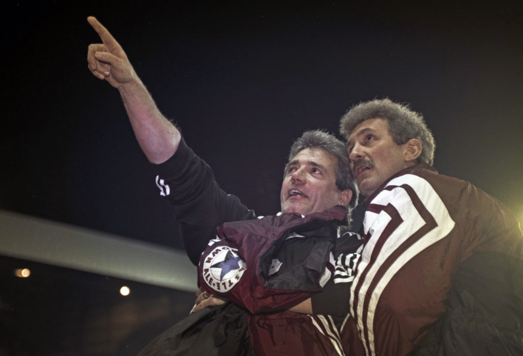 Kevin Keegan and Terry McDermott look on during a Premier League game between Newcastle United and Manchester United.