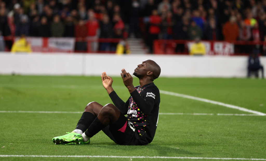 Yoane Wissa celebrates after scoring in a Premier League game between Nottingham Forest and Brentford.