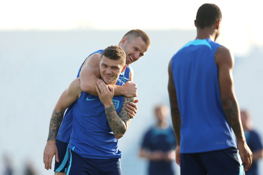 Kieran Trippier and Eric Dier during an England training session in Qatar.