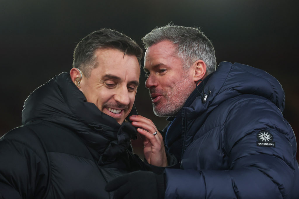 Jamie Carragher and Gary Neville joke together during a punditry appearance in the Premier League.