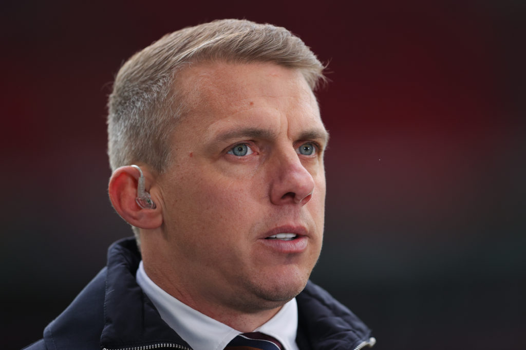 Stephen Warnock working as a pundit ahead of the 2024 Carabao Cup final.