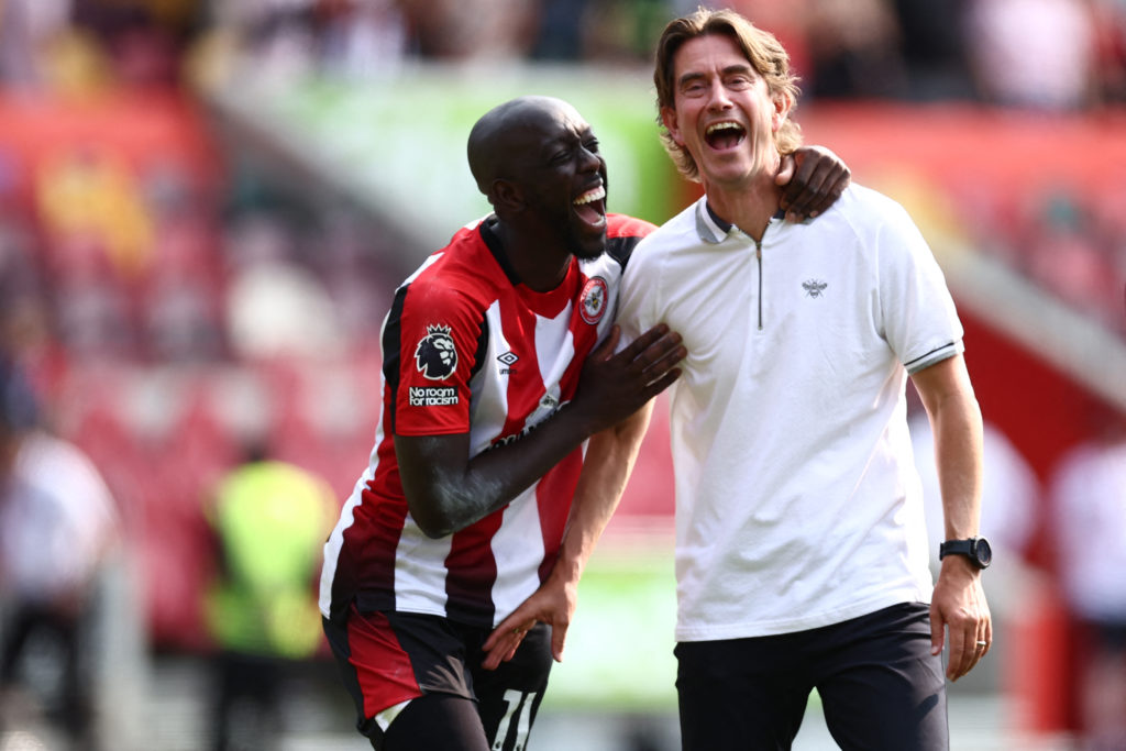 Yoane Wissa with Thomas Frank after a Premier League game between Brentford and Crystal Palace.