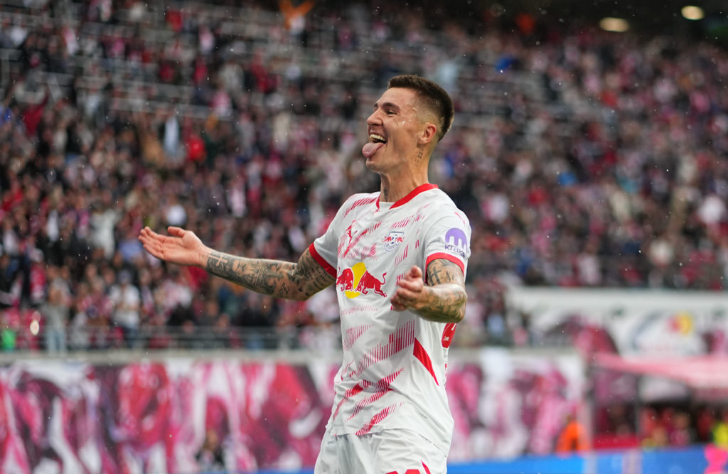 Benjamin Sesko celebrates a goal for RB Leipzig.