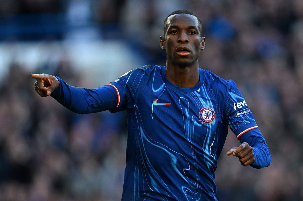 Nicolas Jackson celebrates scoring for Chelsea FC against Newcastle United.