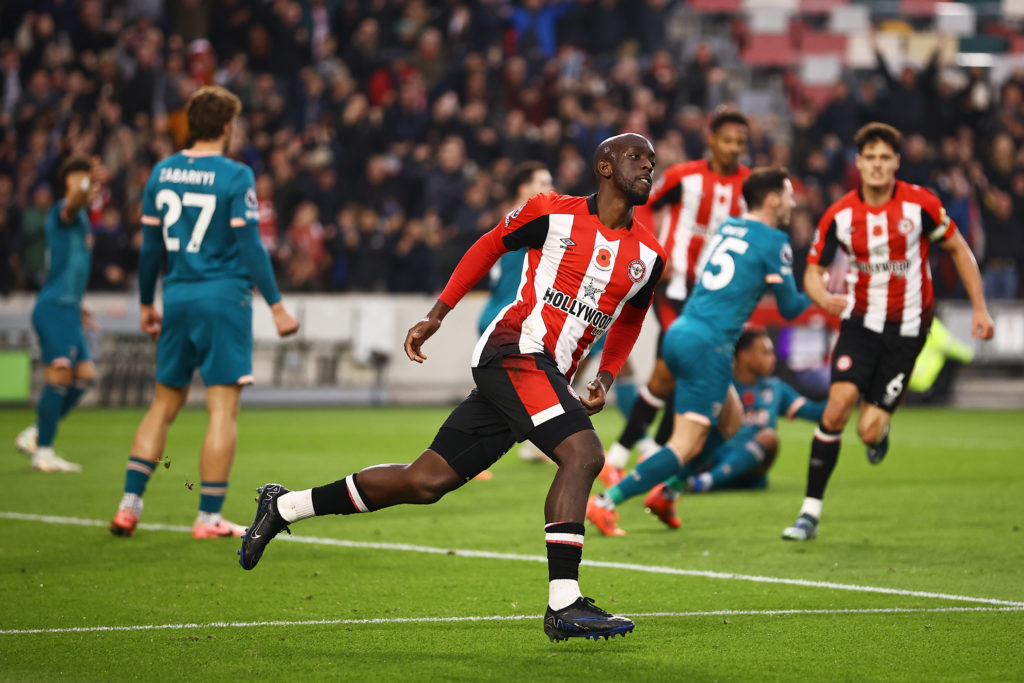 Yoane Wissa celebrates scoring a goal for Brentford against Bournemouth in the Premier League.