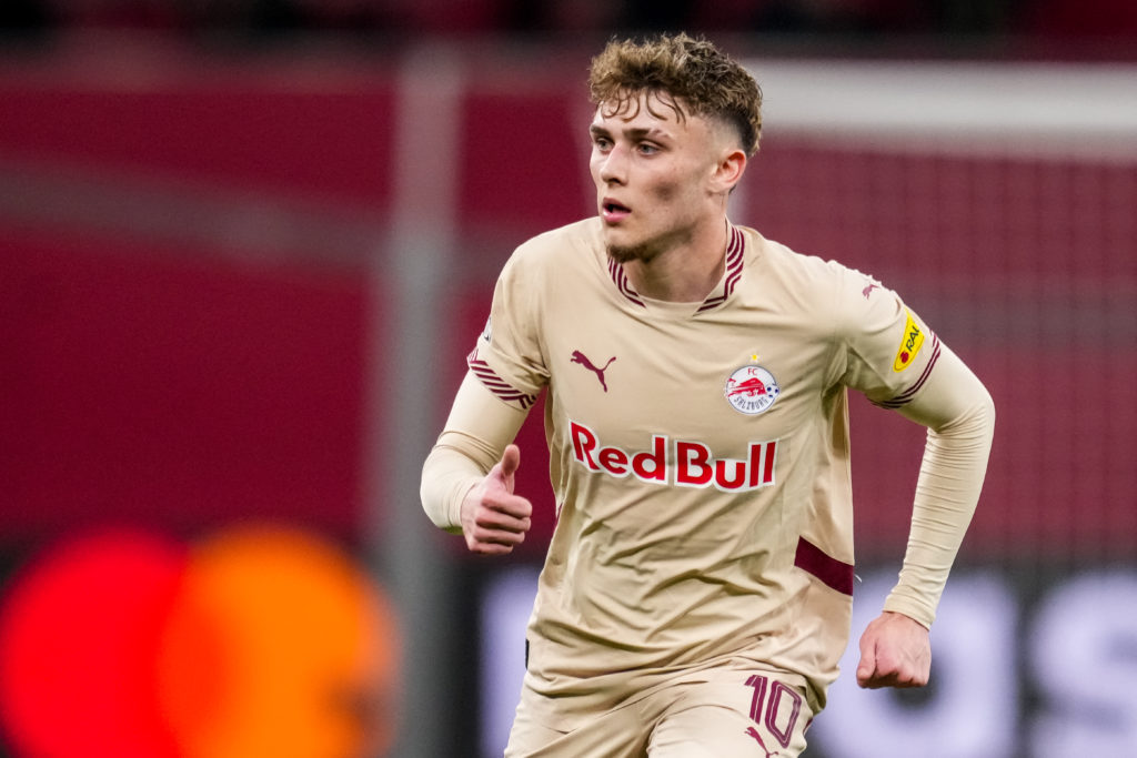 Bobby Clark plying in the Champions League for RB Salzburg against Bayer Leverkusen.