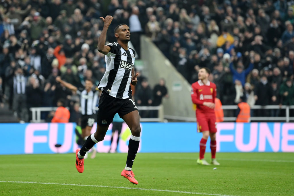 Alexander Isak celebrates scoring for Newcastle United against Liverpool.