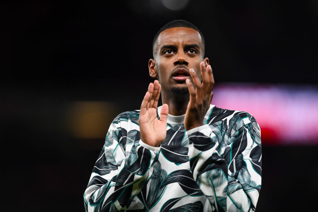 Alexander Isak applauds the fans ahead of a Premier League game between Manchester United and Newcastle United.